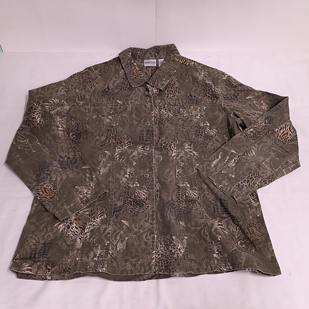 Chico's Jacket Women Size 3 US XL Olive Green Animal Print Script Button Up